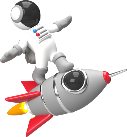 surfing astronaut 3d rendering with rocket illustration