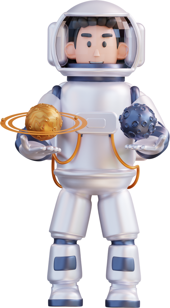 3d illustration of astronaut holding moon and Saturn